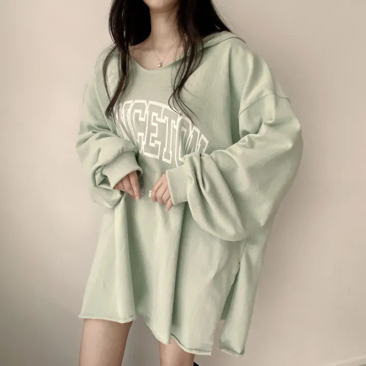 Letter Print Oversized Hooded Long Sleeve Tee - fairypeony