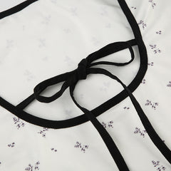 Floral Print Lace-up Hemming Puff Short Sleeve Knitted Top
