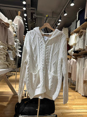 White hooded cable-knit sweater