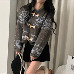 Aesthetic Snowflake Horn Button Knitted Cardigan - fairypeony