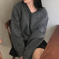 Solid Color V-Neck Loose Sweater