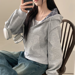 Retro Chic Loose Fit Plaid Hooded Zipper Sweatshirt