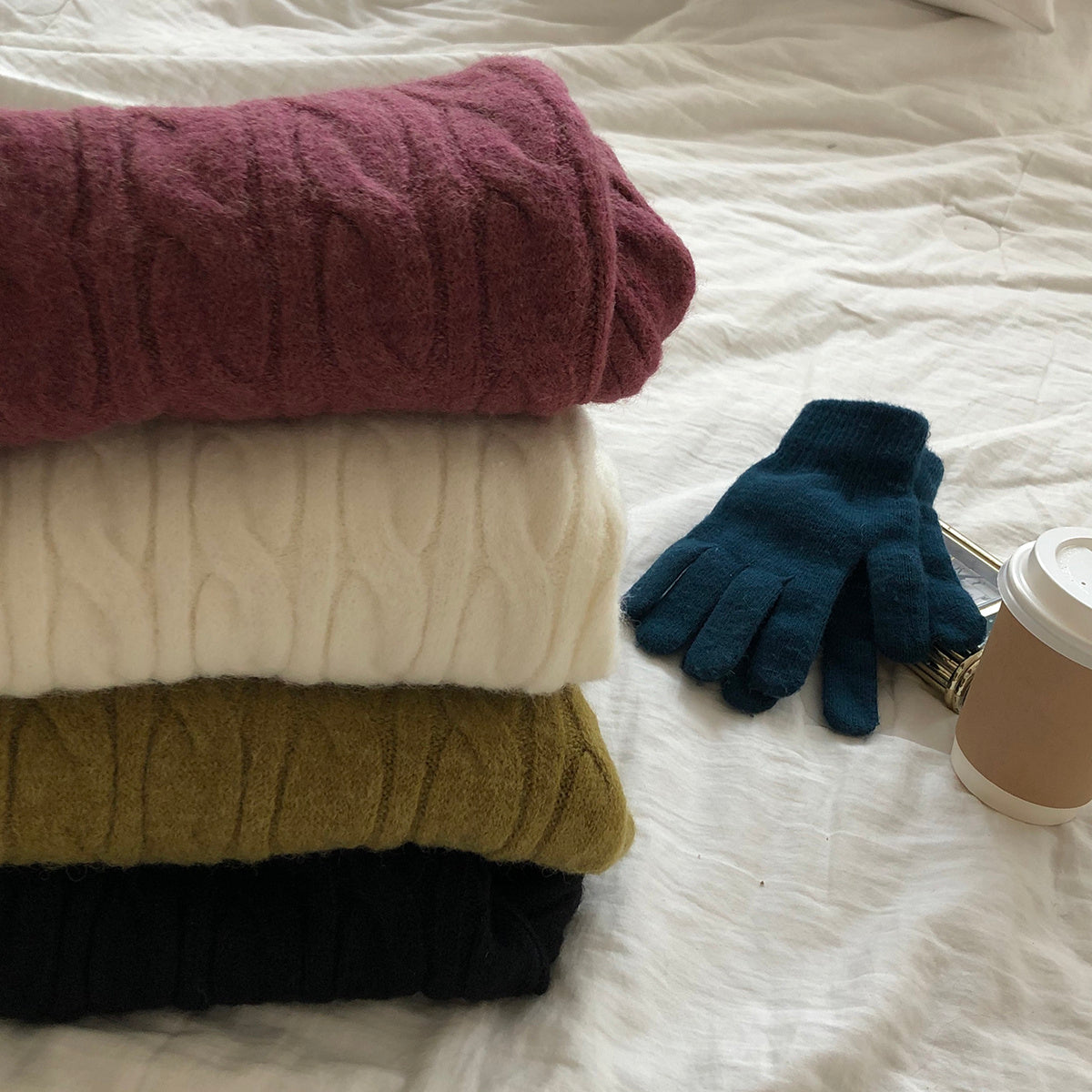 Solid High Neck Cable Knit Sweater - fairypeony