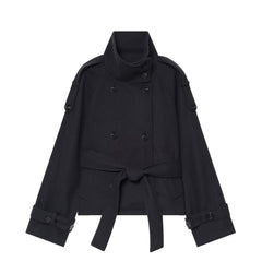 Double-Breasted Solid Color Long Sleeve Coat – Stand Collar Smart Casual Outerwear