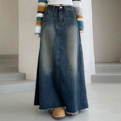 Washed Vintage Long Denim Skirt