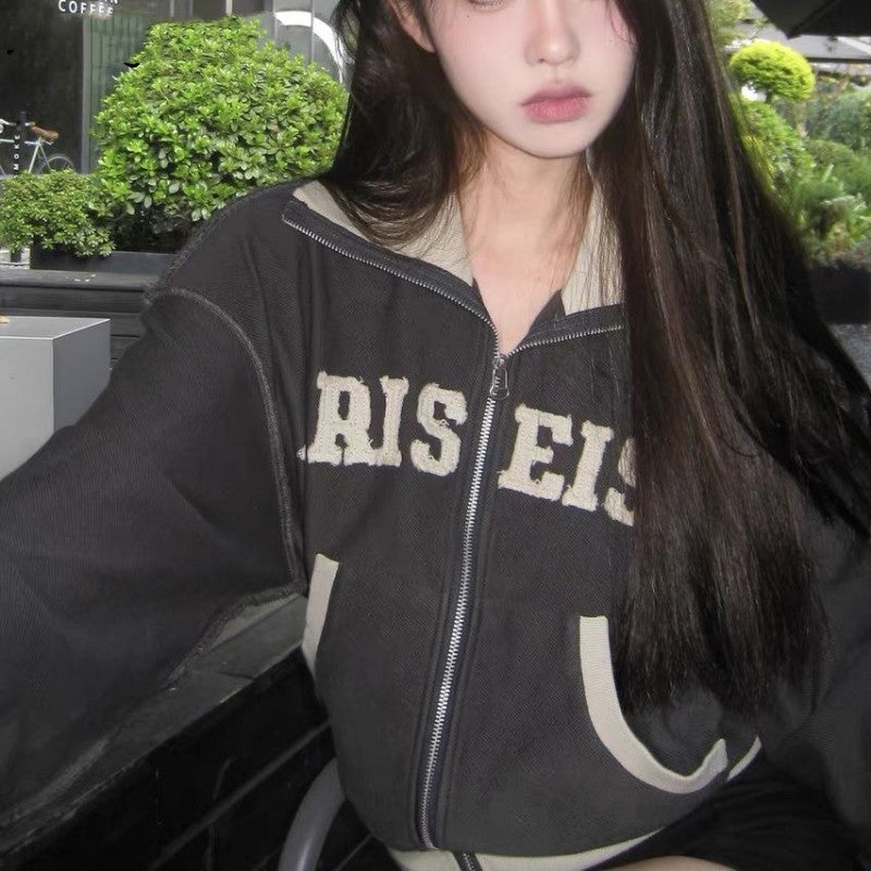 Patchwork Letters Zip Up Jacket - fairypeony