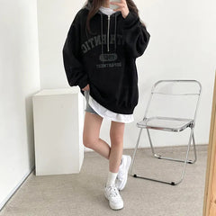 Vintage Letter Print Zipper Oversized Hoodie
