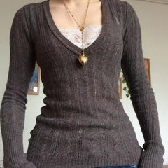 Cable Knit Long Sleeve V Neck Slim Sweater