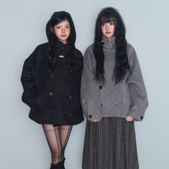 Womens Double Breasted Wool Blend Coat with Hood