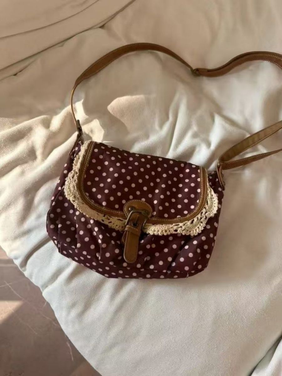Retro Polka Dot Crossbody Bag with Lace Trim - fairypeony