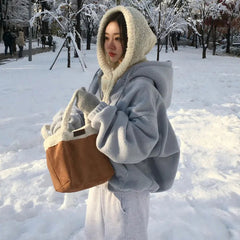 Loose Fit Zipper Hooded Furry Fleece Jacket – Plush Warm Sweatshirt Coat