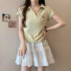 Embroidered Bow Polo Collar Short Sleeve Tee