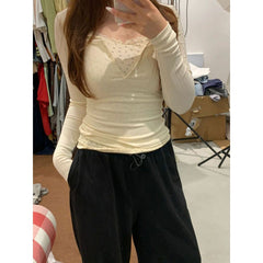 Lace Trim Coquette Long Sleeve Patchwork Tee - fairypeony