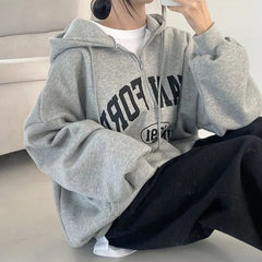 Vintage Half Zip Up Letter Print Oversized Hoodie