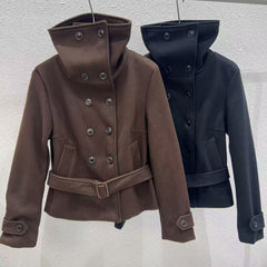 Slim Belt Double-Breasted Woolen Jacket – Belted Winter Coat