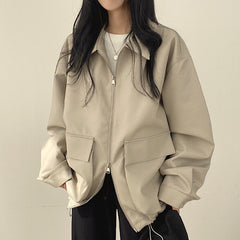 Chic Lapel Double Pocket Leather Jacket