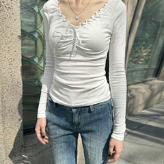 Solid Color Ruffled V-Neck Bow Long Sleeve Tee