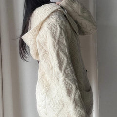 Women's Loose Twist-Knit Hooded Cardigan Long Sleeve Solid Color Jacket