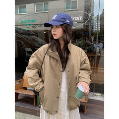 Retro stand-up collar zip-up loose jacket