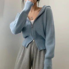 Double-headed Zipper Solid Color Hooded Cardigan
