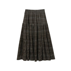 High-Waist Plaid Tiered Skirt Elastic Waist Cotton Long Skirt