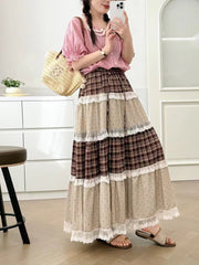 Plaid Lace Patchwork Midi A-Line Skirt – Mori Girl Elastic Waist Dress