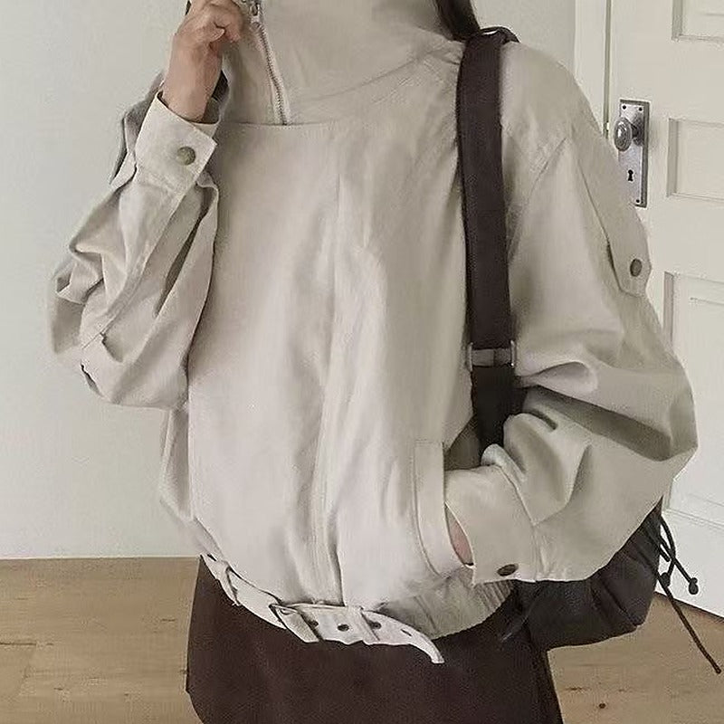 Stand collar relaxed fit woven jacket in beige, front view