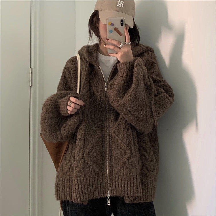 Cable Knit Zip Up Hooded Cardigan - fairypeony