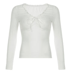 Solid Color Ruffled V-Neck Bow Long Sleeve Tee