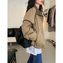 Retro stand-up collar zip-up loose jacket
