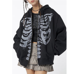 Skeleton Print Zip Up Loose Oversized Hoodie - fairypeony