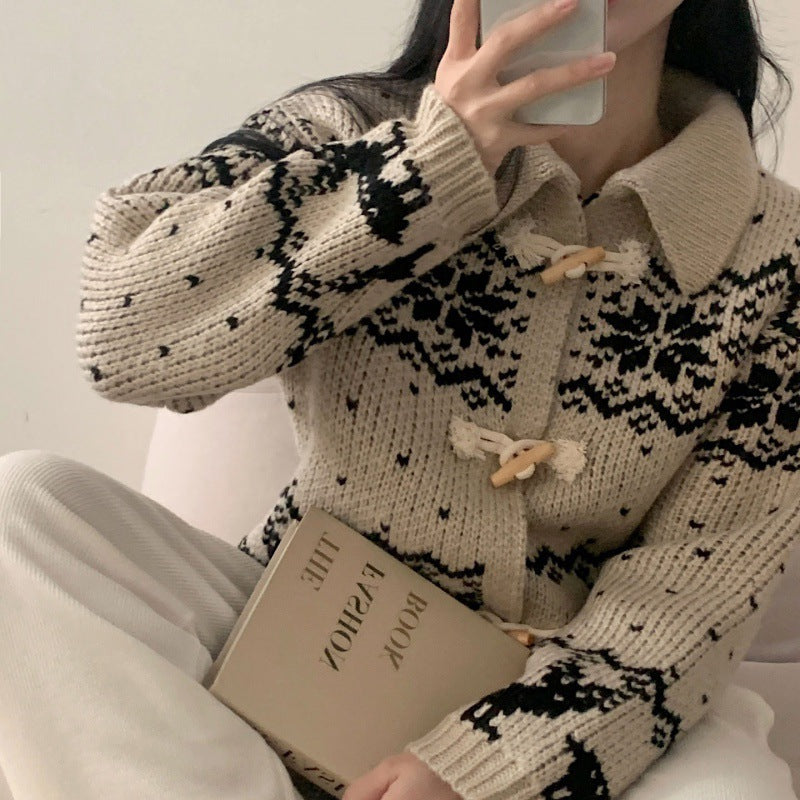 Aesthetic Snowflake Horn Button Knitted Cardigan - fairypeony