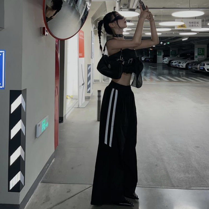 Side Striped Black Wide Leg Sweatpants - fairypeony