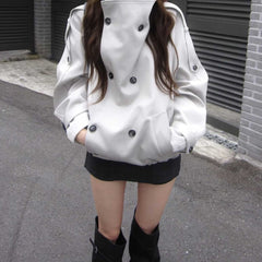 Oversized stand collar double-breasted jacket in cream (color 1), full outfit