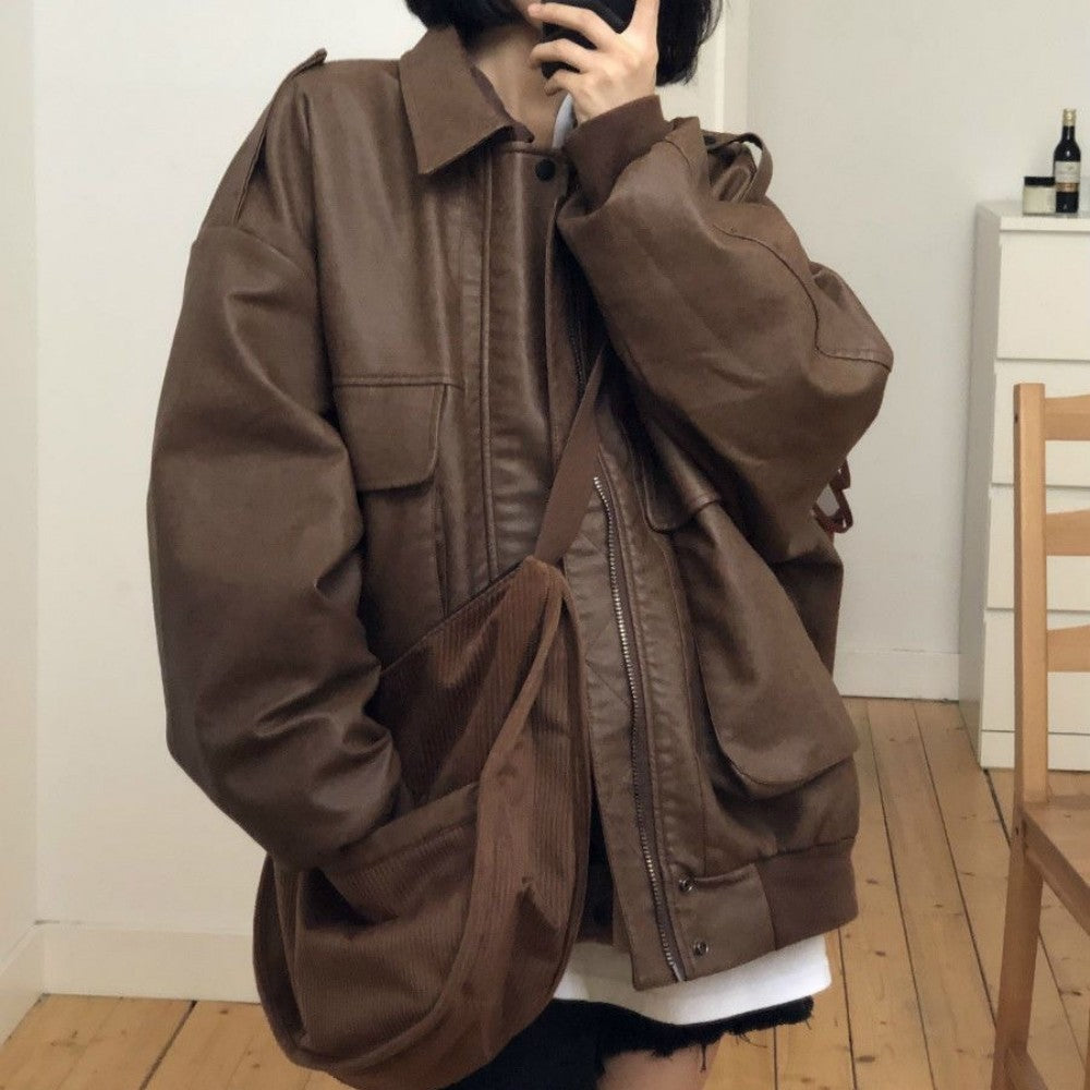 Big Pocket Lapel Neck Quilted Leather Jacket - fairypeony