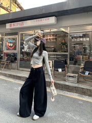 Black Wide-Leg Jeans High Waist Banana Curved Cut Loose Denim Trousers