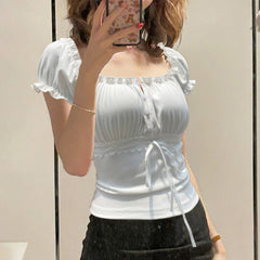 Ruffled Square Neck Puff Short Sleeve Tee