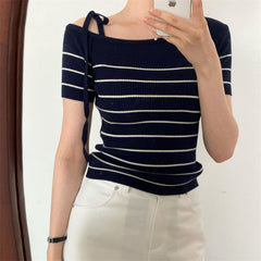 Lace-up Off Shoulder Short Sleeve Knitted Tee