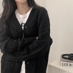 Solid Color V-Neck Loose Cable Knit Cardigan