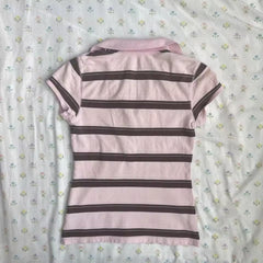 2000s Striped Polo Shirt Top – Pink Brown Collegiate Crop Tee S–L