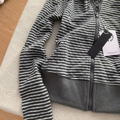 2000s Striped Zip-Up Hooded Jacket – Polka Dot Lined Hoodie in Dark Gray S–3XL