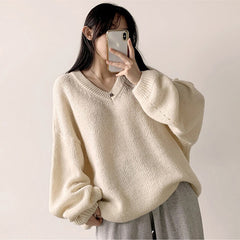 V-Neck Solid Color Oversized Loose Sweater