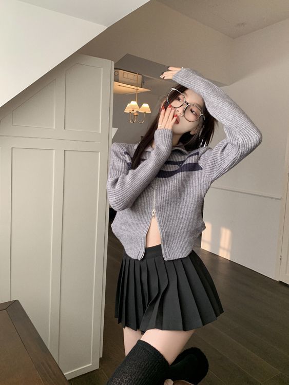 Vintage Striped Zip Up Cropped Cardigan - fairypeony