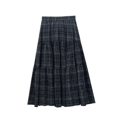 High-Waist Plaid Tiered Skirt Elastic Waist Cotton Long Skirt
