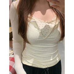 Lace Trim Coquette Long Sleeve Patchwork Tee - fairypeony