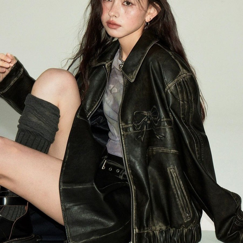 Bow Embroidery Piping Details Leather Jacket - fairypeony