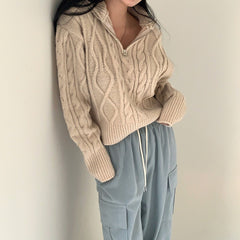 Half Zip Up Turtle Neck Cable Knit Sweater
