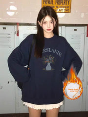 Pure cotton navy blue round-neck pullover for women