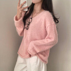 Solid Color V-Neck Fuzzy Sweater