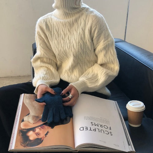 Solid High Neck Cable Knit Sweater - fairypeony